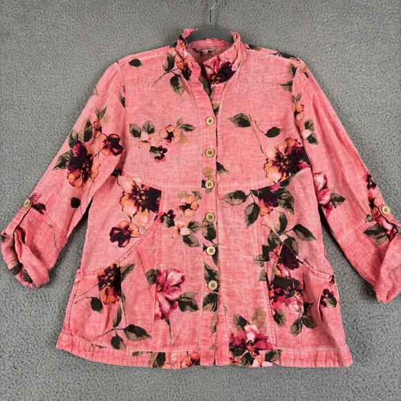 John Mark Tops - John Mark Linen Tunic Small Floral Lagenlook Cottage Roll Tab Pockets Natural